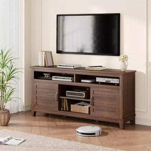Acekool Modern TV Stand for 65 Inch TV, Semi-Open Double Door Cabinet with Adjustable Shelves, 8 Storage Compartments