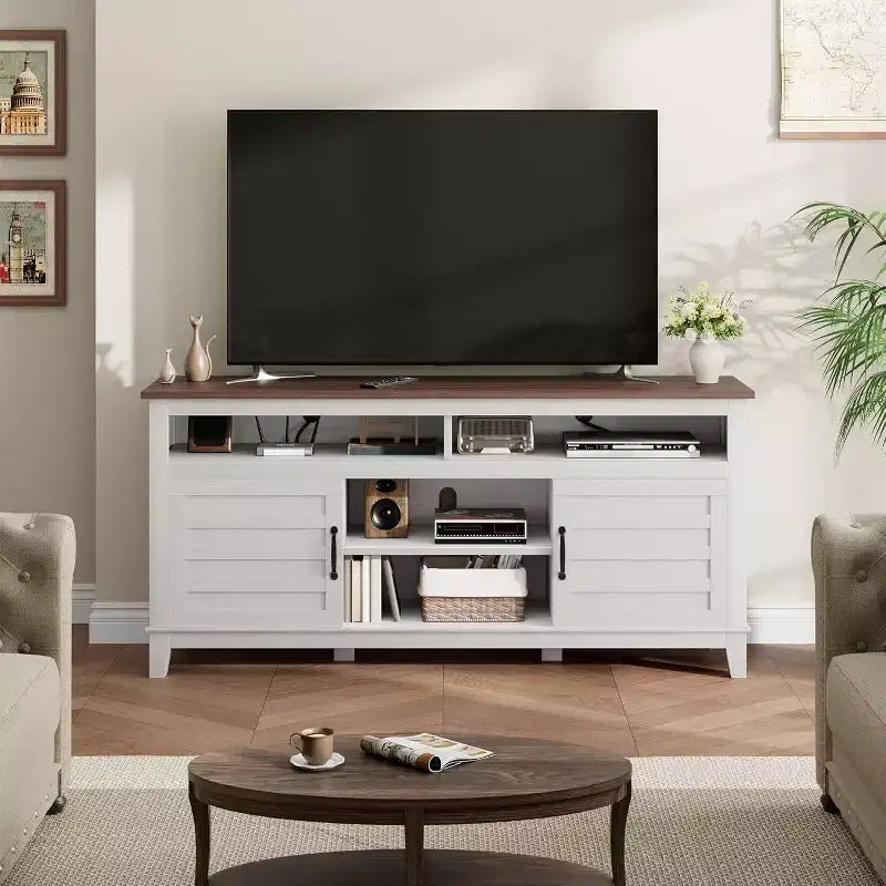 Meuble TV moderne Acekool pour téléviseur de 65 pouces, armoire à double porte semi-ouverte avec étagères réglables, 8 compartiments de rangement