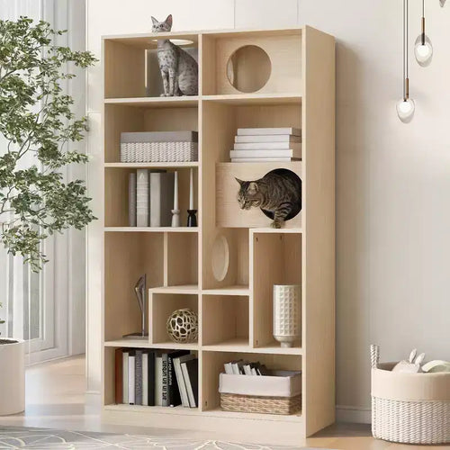 Bibliothèque de 161,3 cm de haut avec rangement, arbre à chat de style meuble, arbre à chat autoportant, étagère ouverte multifonctionnelle pour salon à la maison