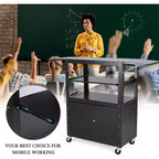 Chariot AV roulant, poste de travail mobile réglable en hauteur, armoire verrouillable, support pour ordinateur portable et tablette pliante, pour la maison ou le bureau, noir
