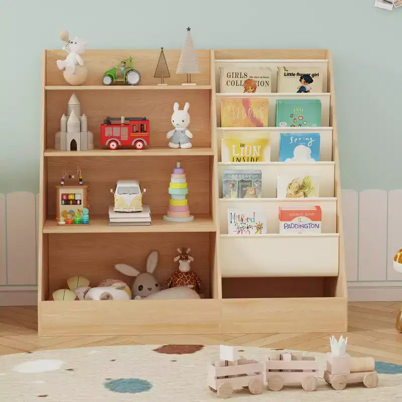Étagère à Livres et Rangement de Jouets 4 Niveaux SUGIFT pour Enfants, Étagère à Livres 5 Couches en Tissu pour Tout-Petits, Organisateur de Rangement de Jouets pour Enfants, Bibliothèque en Tissu pour Enfants