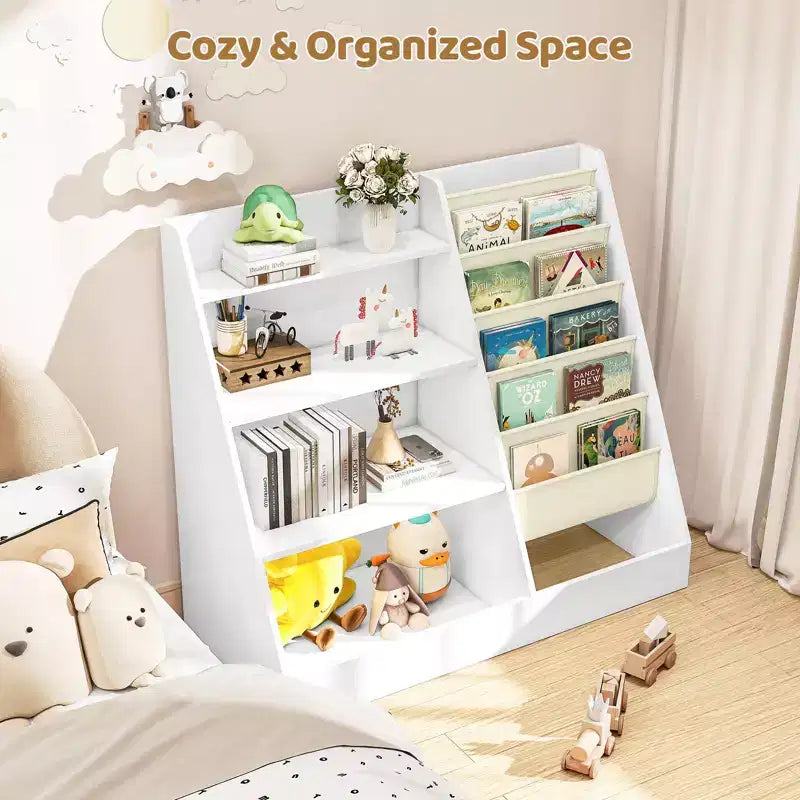 Étagère à Livres et Rangement de Jouets 4 Niveaux SUGIFT pour Enfants, Étagère à Livres 5 Couches en Tissu pour Tout-Petits, Organisateur de Rangement de Jouets pour Enfants, Bibliothèque en Tissu pour Enfants