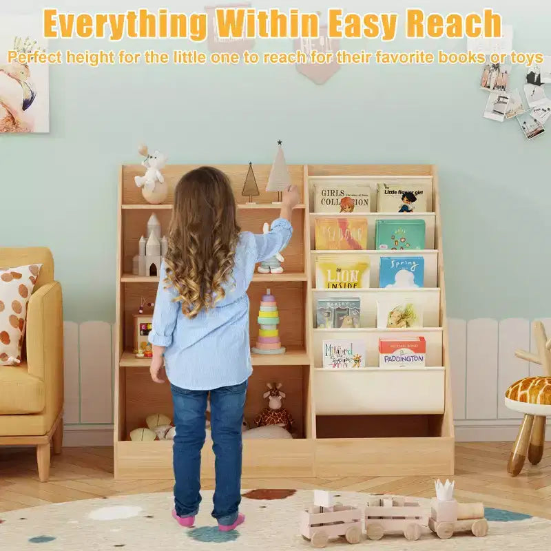 Étagère à Livres et Rangement de Jouets 4 Niveaux SUGIFT pour Enfants, Étagère à Livres 5 Couches en Tissu pour Tout-Petits, Organisateur de Rangement de Jouets pour Enfants, Bibliothèque en Tissu pour Enfants