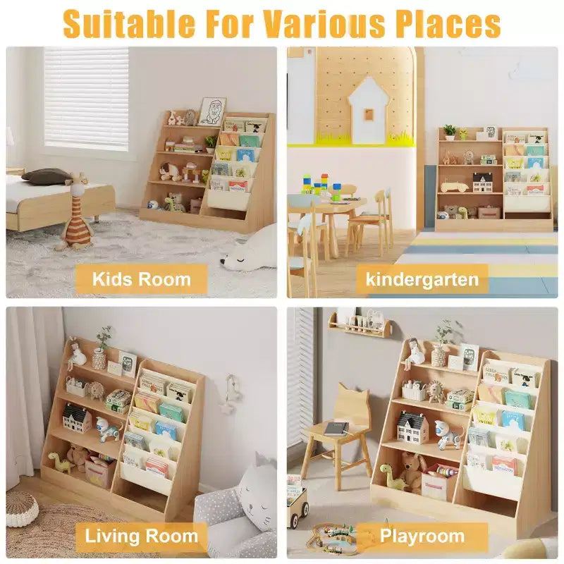 Étagère à Livres et Rangement de Jouets 4 Niveaux SUGIFT pour Enfants, Étagère à Livres 5 Couches en Tissu pour Tout-Petits, Organisateur de Rangement de Jouets pour Enfants, Bibliothèque en Tissu pour Enfants