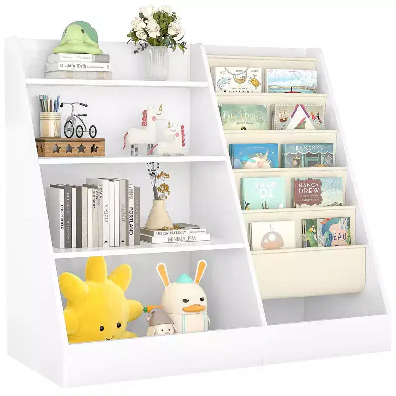 Étagère à Livres et Rangement de Jouets 4 Niveaux SUGIFT pour Enfants, Étagère à Livres 5 Couches en Tissu pour Tout-Petits, Organisateur de Rangement de Jouets pour Enfants, Bibliothèque en Tissu pour Enfants