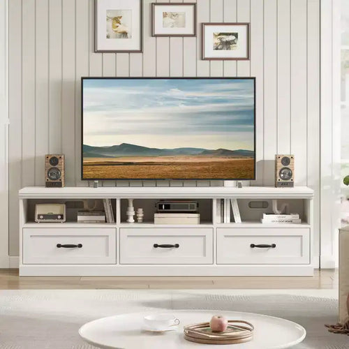 Meuble TV 70 pouces pour téléviseurs jusqu'à 80 pouces, meuble de divertissement moderne du milieu du siècle avec tiroir, meuble TV console média pour salon, chambre à coucher