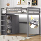 Full Size Wood Loft Bed with Built-in Wardrobe, Storage Shelves & LED Light, White/Gray - ModernLuxe