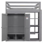 Lit mezzanine en bois pleine grandeur avec armoire intégrée, étagères de rangement et lumière LED, blanc/gris - ModernLuxe
