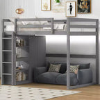 Lit mezzanine en bois pleine grandeur avec armoire intégrée, étagères de rangement et lumière LED, blanc/gris - ModernLuxe