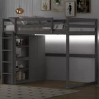 Lit mezzanine en bois pleine grandeur avec armoire intégrée, étagères de rangement et lumière LED, blanc/gris - ModernLuxe