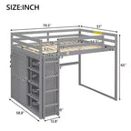 Lit mezzanine en bois pleine grandeur avec armoire intégrée, étagères de rangement et lumière LED, blanc/gris - ModernLuxe