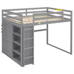 Lit mezzanine en bois pleine grandeur avec armoire intégrée, étagères de rangement et lumière LED, blanc/gris - ModernLuxe
