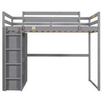 Lit mezzanine en bois pleine grandeur avec armoire intégrée, étagères de rangement et lumière LED, blanc/gris - ModernLuxe