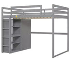 Lit mezzanine en bois pleine grandeur avec armoire intégrée, étagères de rangement et lumière LED, blanc/gris - ModernLuxe