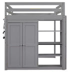 Lit mezzanine en bois pleine grandeur avec armoire intégrée, étagères de rangement et lumière LED, blanc/gris - ModernLuxe