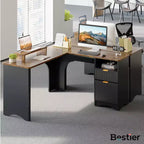 Bureau d'angle Bestier de 140 cm avec tiroirs, bureau d'ordinateur de bureau avec coins arrondis, support d'écran et panneaux cannelés, blanc et noyer