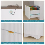 Bureau d'angle Bestier de 140 cm avec tiroirs, bureau d'ordinateur de bureau avec coins arrondis, support d'écran et panneaux cannelés, blanc et noyer