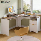 Bureau d'angle Bestier de 140 cm avec tiroirs, bureau d'ordinateur de bureau avec coins arrondis, support d'écran et panneaux cannelés, blanc et noyer