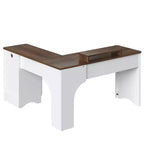 Bureau d'angle Bestier de 140 cm avec tiroirs, bureau d'ordinateur de bureau avec coins arrondis, support d'écran et panneaux cannelés, blanc et noyer