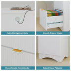 Bureau d'angle Bestier de 140 cm avec tiroirs, bureau d'ordinateur de bureau avec coins arrondis, support d'écran et panneaux cannelés, blanc et noyer