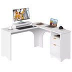 Bureau d'angle Bestier de 140 cm avec tiroirs, bureau d'ordinateur de bureau avec coins arrondis, support d'écran et panneaux cannelés, blanc et noyer