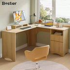Bureau d'angle Bestier de 140 cm avec tiroirs, bureau d'ordinateur de bureau avec coins arrondis, support d'écran et panneaux cannelés, blanc et noyer