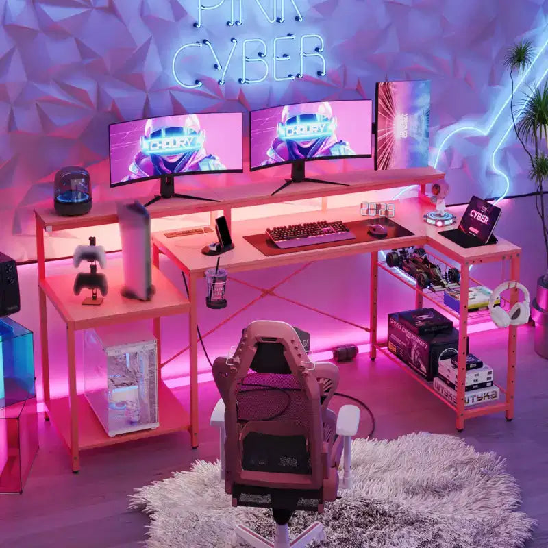 Bureau de gamer Bestier 71,5 pouces avec prise de courant, bureau d'ordinateur en L avec support d'écran, table de gamer d'angle avec étagère réglable et crochet pour casque