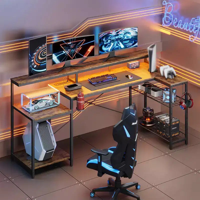 Bureau de gamer Bestier 71,5 pouces avec prise de courant, bureau d'ordinateur en L avec support d'écran, table de gamer d'angle avec étagère réglable et crochet pour casque