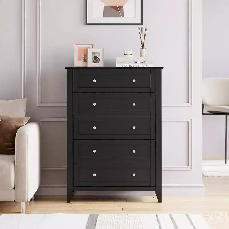 Commode Garvee à 5 tiroirs, commode en bois de style fermier pour vêtements, grande commode de rangement, pour salon, placard, couloir