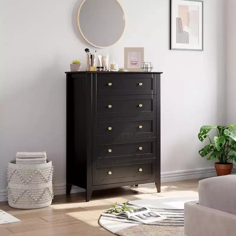 Commode Garvee à 5 tiroirs, commode en bois de style fermier pour vêtements, grande commode de rangement, pour salon, placard, couloir