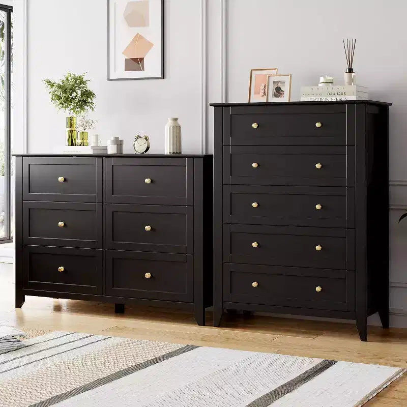 Commode Garvee à 5 tiroirs, commode en bois de style fermier pour vêtements, grande commode de rangement, pour salon, placard, couloir