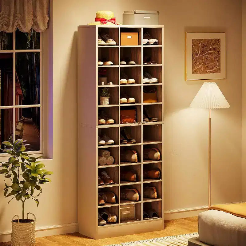 Meuble à chaussures 10 niveaux Lantine, étagère à chaussures en bois blanc et marron avec 30 casiers pour placard, entrée, salon