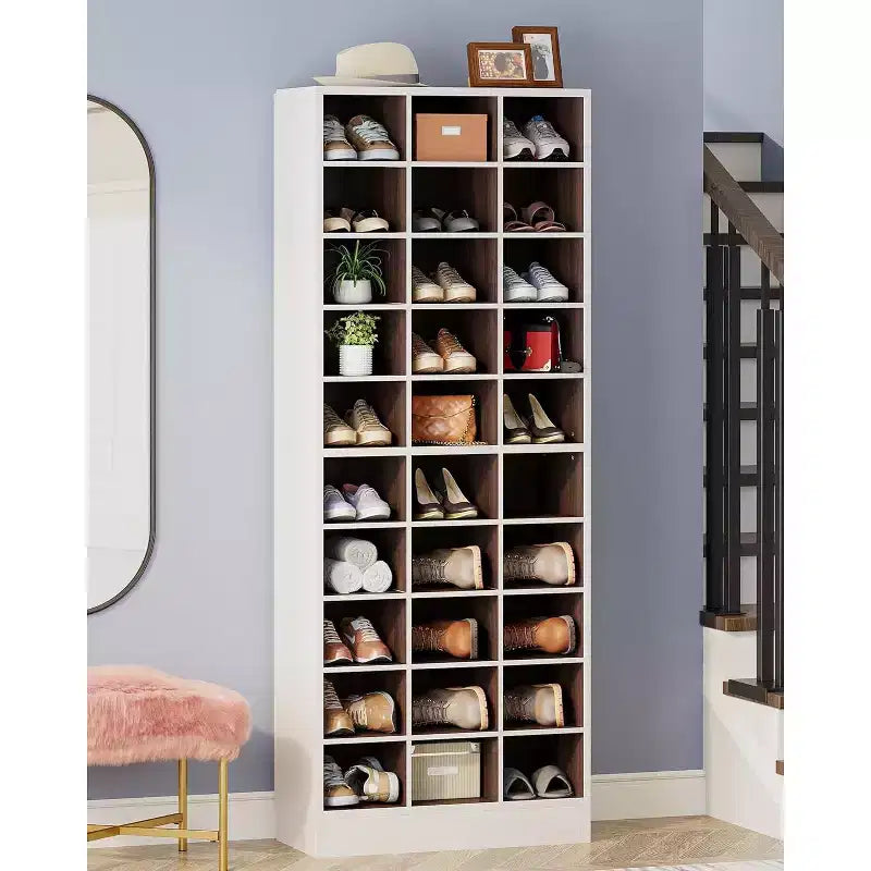 Meuble à chaussures 10 niveaux Lantine, étagère à chaussures en bois blanc et marron avec 30 casiers pour placard, entrée, salon