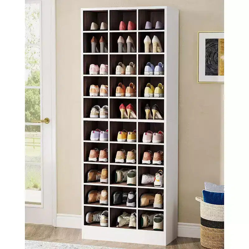 Meuble à chaussures 10 niveaux Lantine, étagère à chaussures en bois blanc et marron avec 30 casiers pour placard, entrée, salon