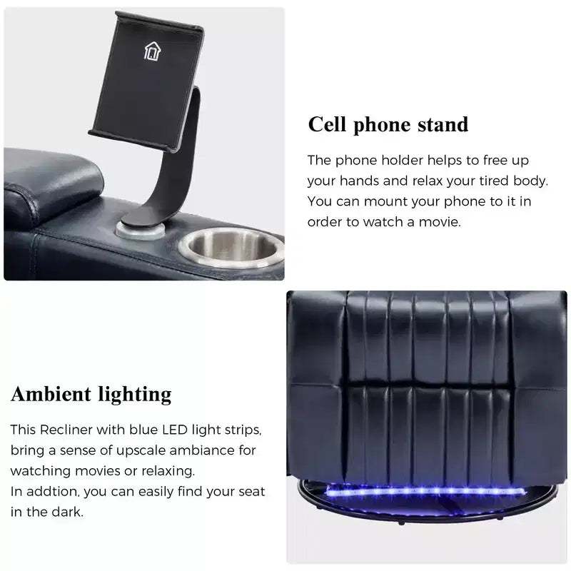 Fauteuil inclinable pivotant 270° avec lumières LED, plateau rotatif 360° et port USB - Fauteuil électrique de cinéma maison pour salon