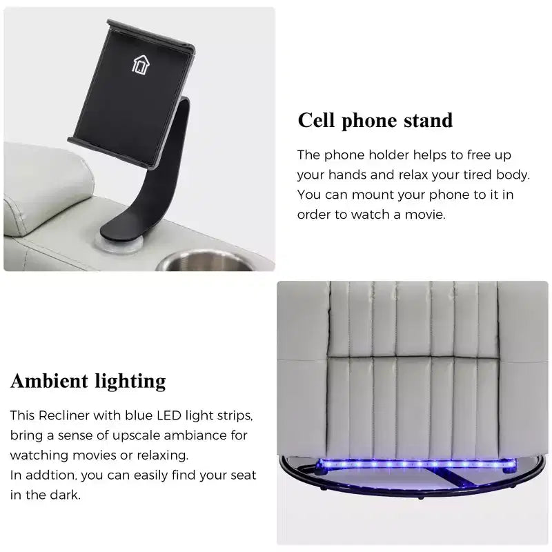 Fauteuil inclinable pivotant 270° avec lumières LED, plateau rotatif 360° et port USB - Fauteuil électrique de cinéma maison pour salon