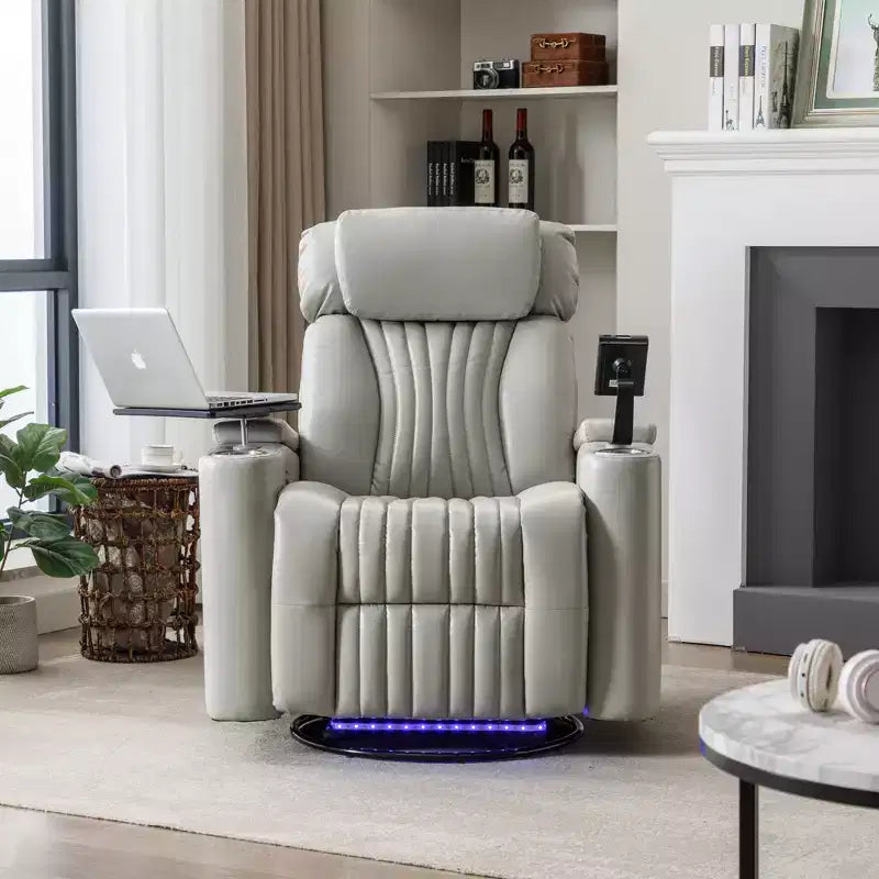Fauteuil inclinable pivotant 270° avec lumières LED, plateau rotatif 360° et port USB - Fauteuil électrique de cinéma maison pour salon