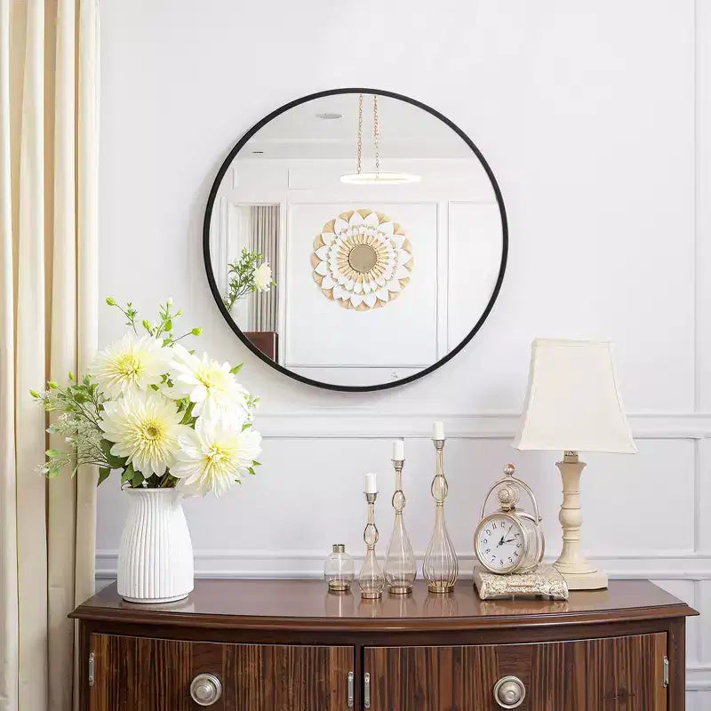 Elegant 60cm Black Aluminum Round Mirror with Slim Frame, 2.8cm Depth
