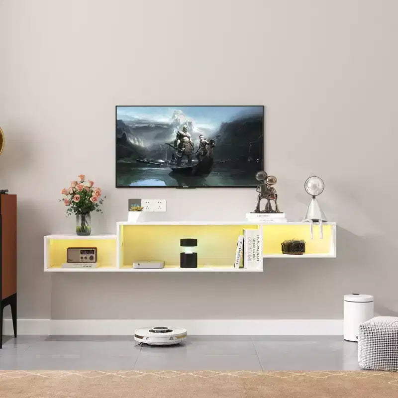Meuble TV flottant mural à LED CLIHOME, meubles de rangement décoratifs avec station de charge
