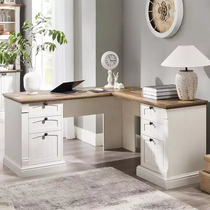 SinCiDo 60 L-Shaped Desk,Farmhouse Computer Desk with Charging Station,Filing Cabinet Storage, Drawer,Study Writing Desk