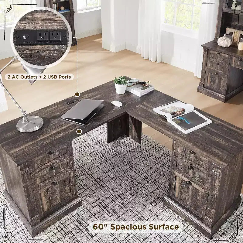 SinCiDo Bureau d'angle en L de 60 pouces, bureau d'ordinateur de style rustique avec station de charge, meuble de rangement pour dossiers, tiroir, bureau d'étude
