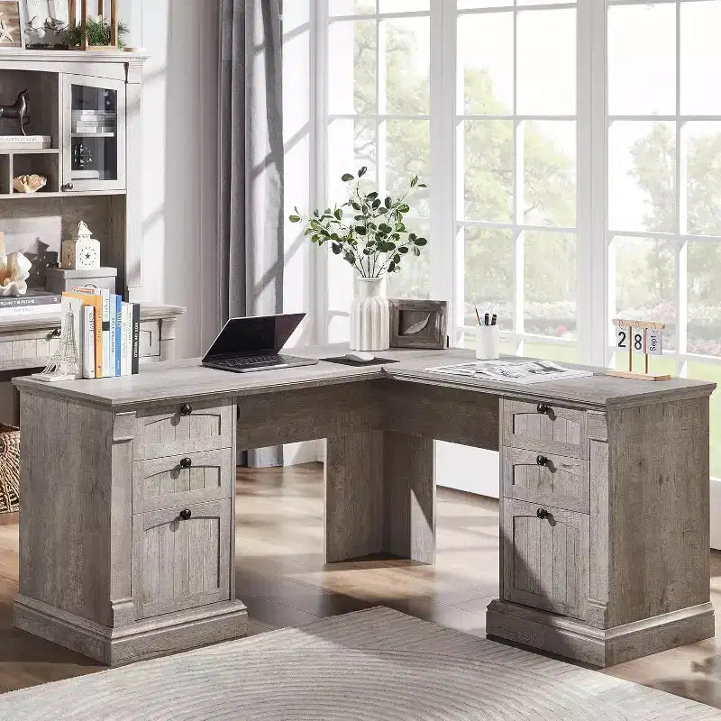 SinCiDo Bureau d'angle en L de 60 pouces, bureau d'ordinateur de style rustique avec station de charge, meuble de rangement pour dossiers, tiroir, bureau d'étude