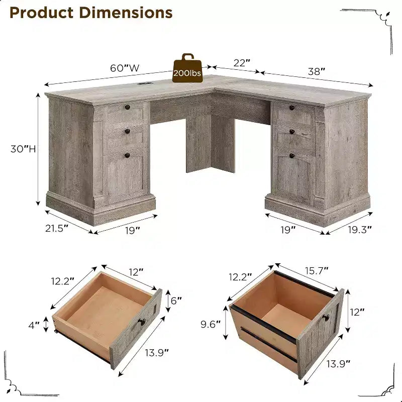 SinCiDo Bureau d'angle en L de 60 pouces, bureau d'ordinateur de style rustique avec station de charge, meuble de rangement pour dossiers, tiroir, bureau d'étude