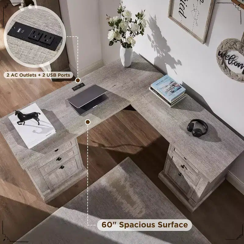 SinCiDo Bureau d'angle en L de 60 pouces, bureau d'ordinateur de style rustique avec station de charge, meuble de rangement pour dossiers, tiroir, bureau d'étude