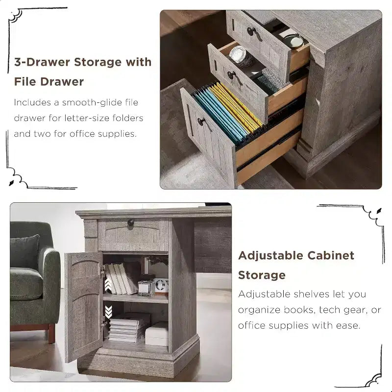 SinCiDo Bureau d'angle en L de 60 pouces, bureau d'ordinateur de style rustique avec station de charge, meuble de rangement pour dossiers, tiroir, bureau d'étude