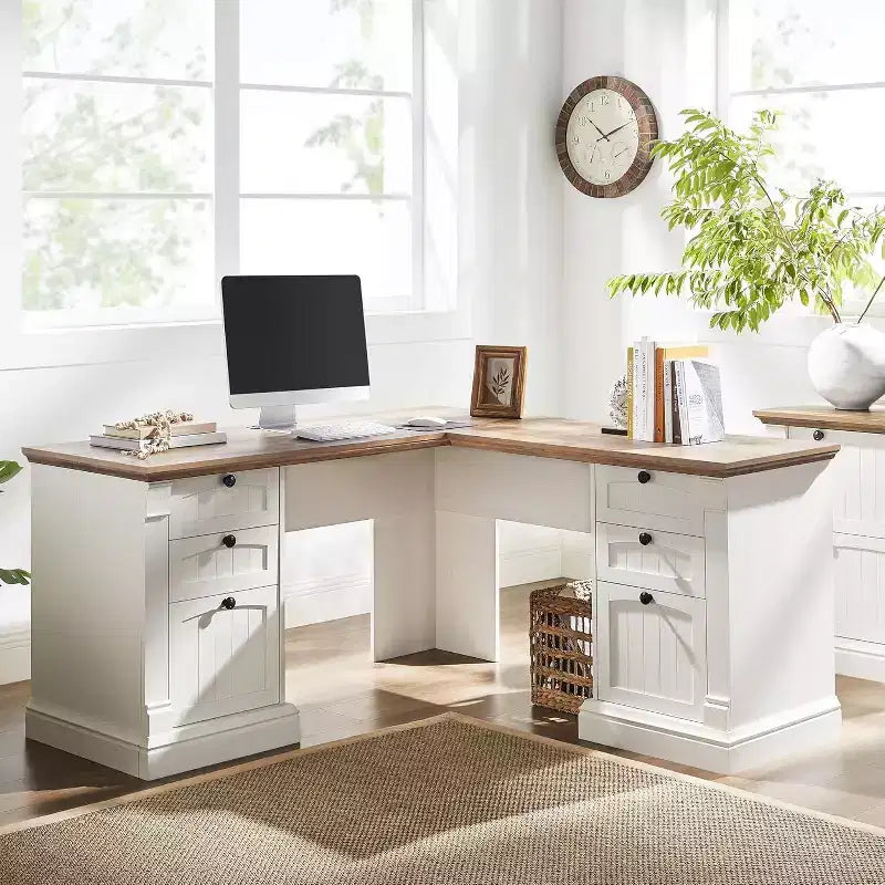 SinCiDo Bureau d'angle en L de 60 pouces, bureau d'ordinateur de style rustique avec station de charge, meuble de rangement pour dossiers, tiroir, bureau d'étude