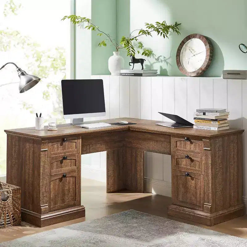 SinCiDo Bureau d'angle en L de 60 pouces, bureau d'ordinateur de style rustique avec station de charge, meuble de rangement pour dossiers, tiroir, bureau d'étude