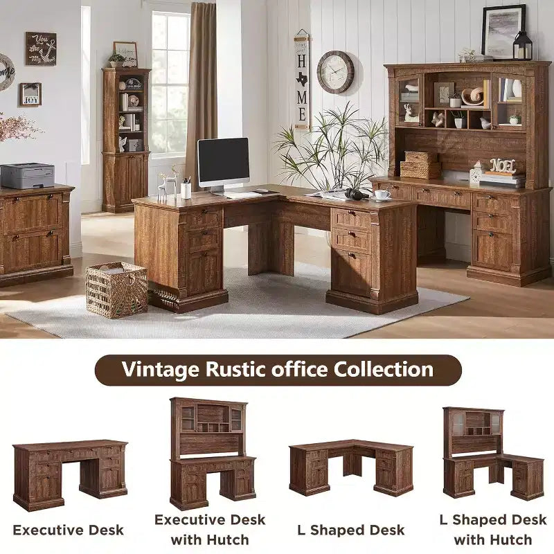 SinCiDo Bureau d'angle en L de 60 pouces, bureau d'ordinateur de style rustique avec station de charge, meuble de rangement pour dossiers, tiroir, bureau d'étude