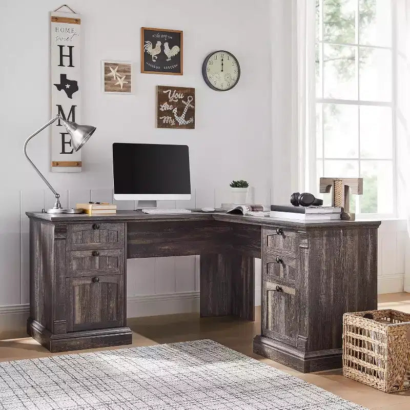 SinCiDo Bureau d'angle en L de 60 pouces, bureau d'ordinateur de style rustique avec station de charge, meuble de rangement pour dossiers, tiroir, bureau d'étude