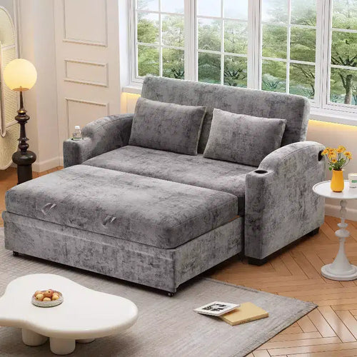61.6 Modern Chenille Convertible Sofa Bed with USB Ports, Cup Holders & Adjustable Backrest for Living Room, Apartment